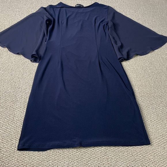 Joseph Ribkoff Womens Dress 10 Blue Sheath Butterfly Sleeves Ruched Rhinestones - Picture 7 of 14